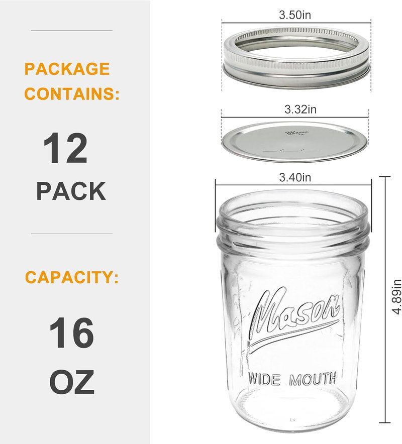 [12 pcs]16 oz Mason Jars,Glass Jars with Lids, Airtight Canning Jars, Wide Mouth Mason Jars. Airtight Container For Jams, Honey, Spices,Pickles, Home Decor,Overnight Oats,Fruit Preserves