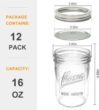 [12 pcs]16 oz Mason Jars,Glass Jars with Lids, Airtight Canning Jars, Wide Mouth Mason Jars. Airtight Container For Jams, Honey, Spices,Pickles, Home Decor,Overnight Oats,Fruit Preserves