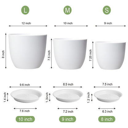 UOUZ 12/10/9 Large Plant Pots, Plastic Planters with Drainage Holes and Saucers for Indoor Outdoor Plants Flowers, White
