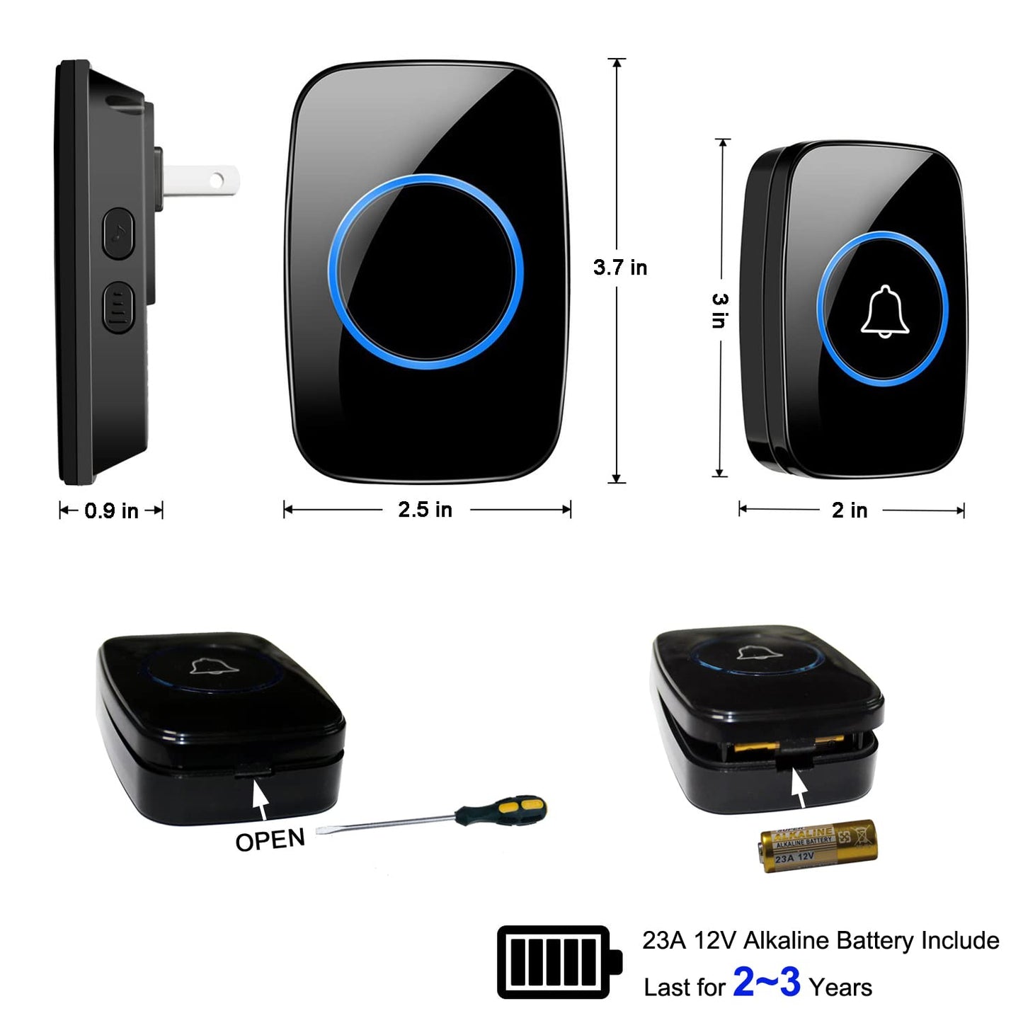 Wireless Doorbell, Waterproof Door Bell Kit, Distinguish Front and Rear Doors, Over 1000 feet Range and 60 Chime, 5 Levels Volume and LED Flash, for Home Office Classroom
