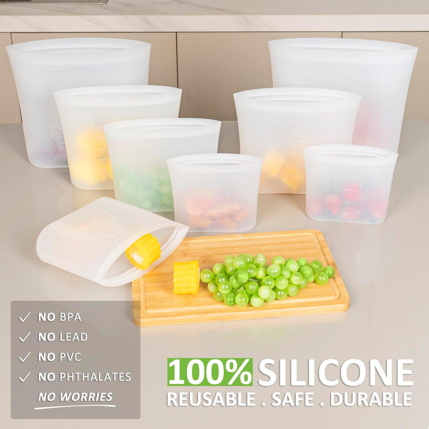 Reusable Food Bags, 12 Pack 100% Silicone Food Storage Bags Stand Up Zip Lock Container, Freezer Microwave Oven Dishwasher Safe, 4 Medium 4 Small 4 Extra Small, Aqua