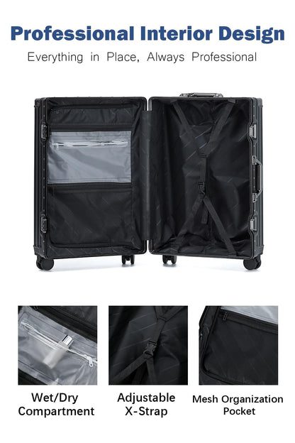 HotWay 26 Inch Aluminum Frame Luggage with Spinner Wheels, PC Hard Shell Suitcase with Cup Holder, Zipperless Luggage for Business Travel, Black
