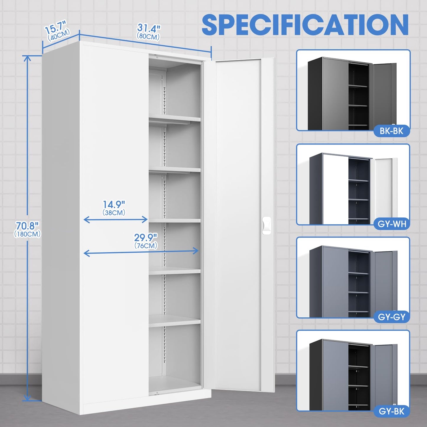 DNA Motoring 71'' Metal Storage Cabinet, Locking Tool Cabinet with 5 Adjustable Shelves, Heavy Duty Metal Locker for Garage,Office,Home,Gym,White, TOOLS-00632-WH-WH-A