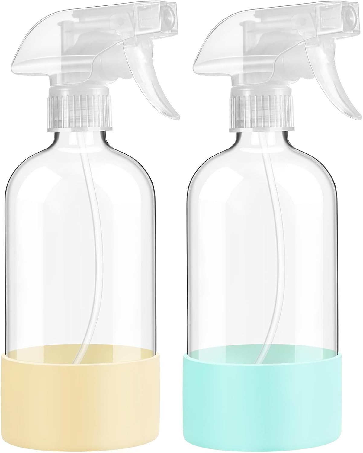 Skiennix Glass Spray Bottles - 16 oz Reusable with Adjustable Nozzle & Silicone Sleeve | 2 Pack in Pale Yellow & Mint Green