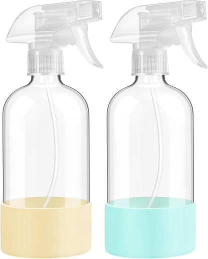 Skiennix Glass Spray Bottles - 16 oz Reusable with Adjustable Nozzle & Silicone Sleeve | 2 Pack in Pale Yellow & Mint Green