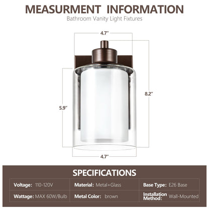 Eidonta Bath Vanity Light Fixtures, Modern 2 Pack Wall Scone, Oil Rubbed Bronze, Dual Glass Shade, Model Eidonta-2PACK-BVLF