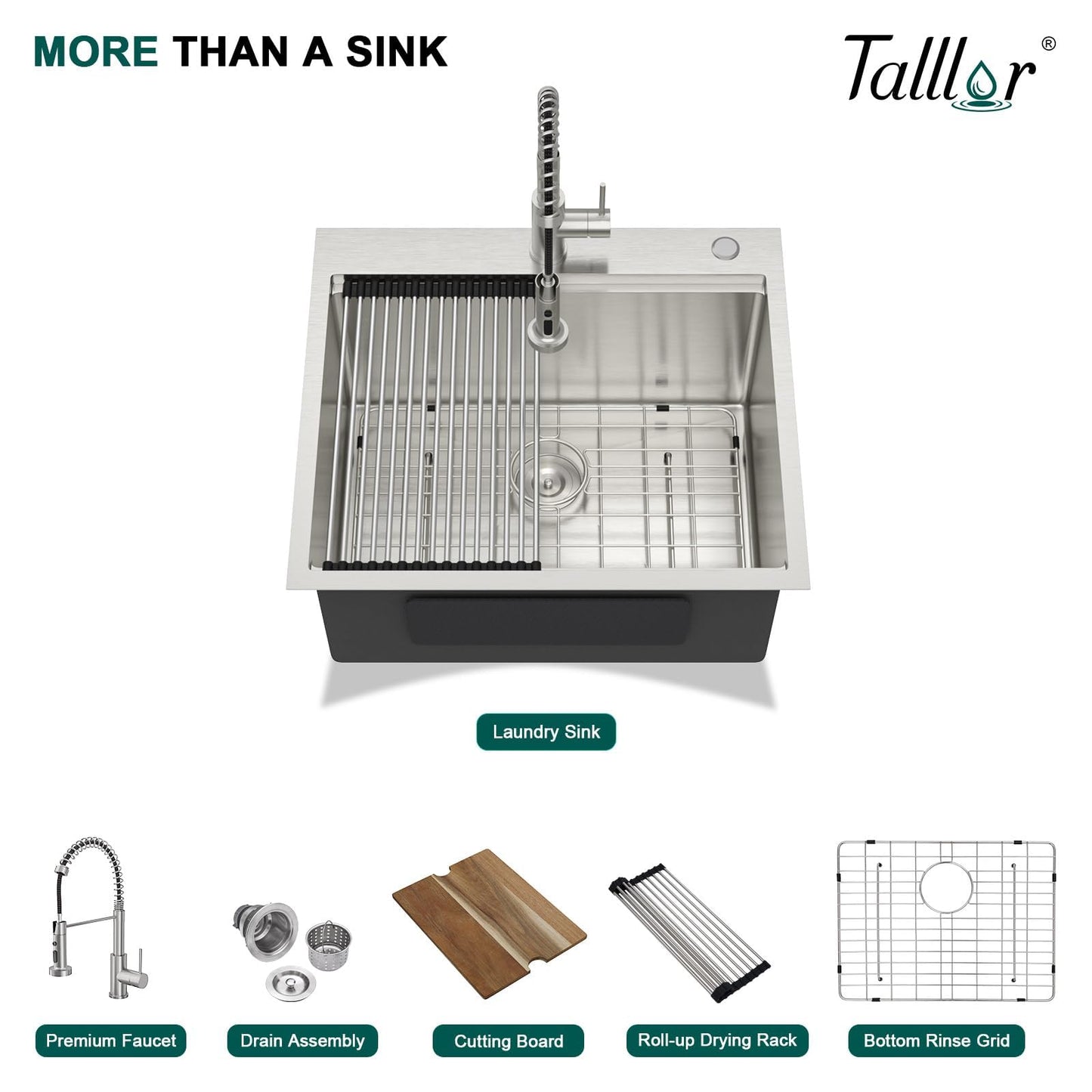 Talllor 25 Inch Drop In Laundry Sink with Faucet - 12" Deep Workstation 16 Gauge T-304 Stainless Steel Single Bowl Utility Sink with All-In One Accessories for Laundry Room, Outdoor, Garage #TLT-0063