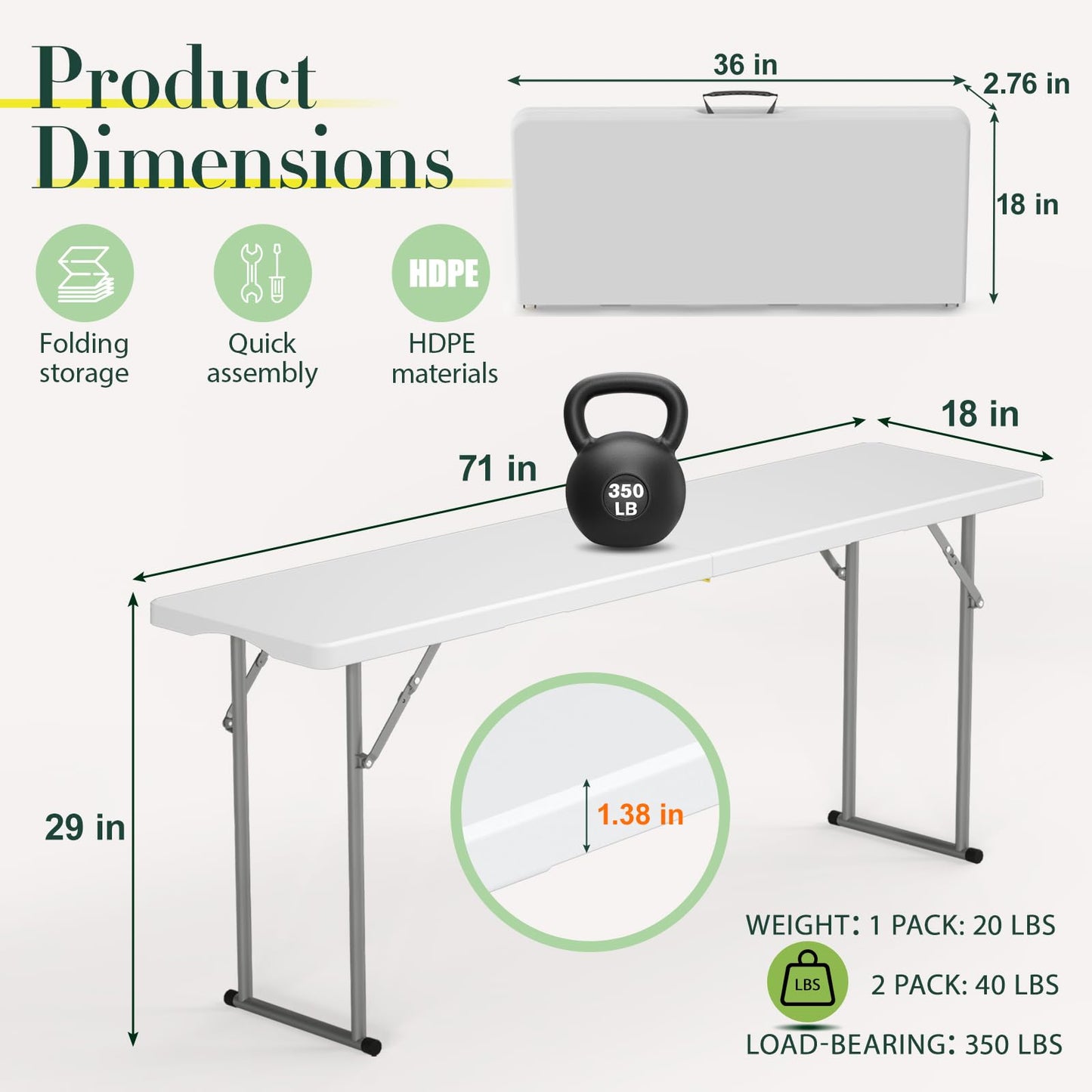 HLPB 6 FT Narrow Folding Table 2 PCS, Tabletop Fold-in-Half, Thickened HDPE Material and Thicker Metal Frame, Foldable Table with Handle & Safety Locks, Perfect for Meeting, Party, White
