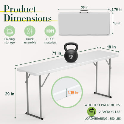 HLPB 6 FT Narrow Folding Table 2 PCS, Tabletop Fold-in-Half, Thickened HDPE Material and Thicker Metal Frame, Foldable Table with Handle & Safety Locks, Perfect for Meeting, Party, White