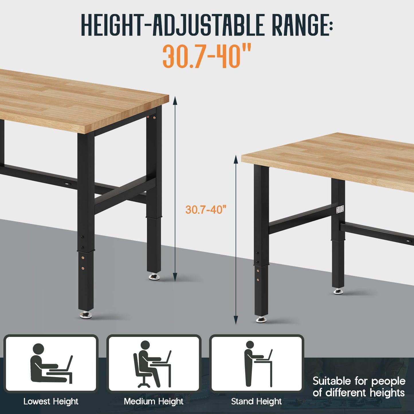 SPECRAFT 60" Folding Workbench, Adjustable Foldable Workbench with 2000 LBS Capacity, 30.7"-40" Height, Rubber Wood Top for Garage, Workshop, Office