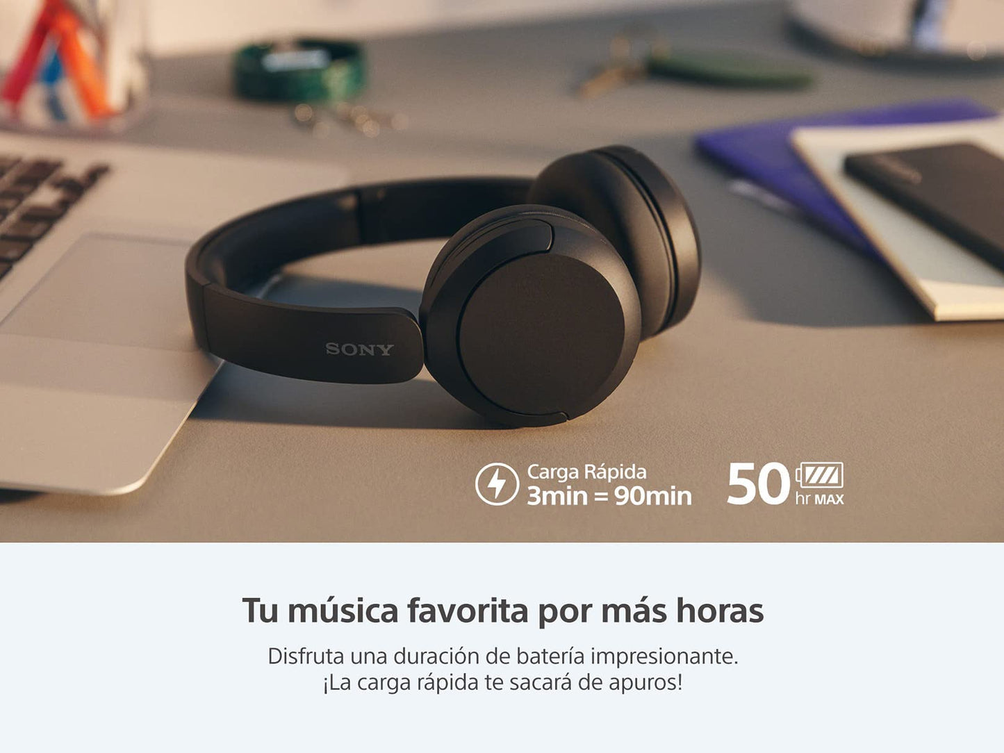 Sony WH-CH520 Best Wireless Bluetooth On-Ear Headphones with Microphone for Calls and Voice Control, Up to 50 Hours Battery Life with Quick Charge Function, Includes USB-C Charging Cable - Beige