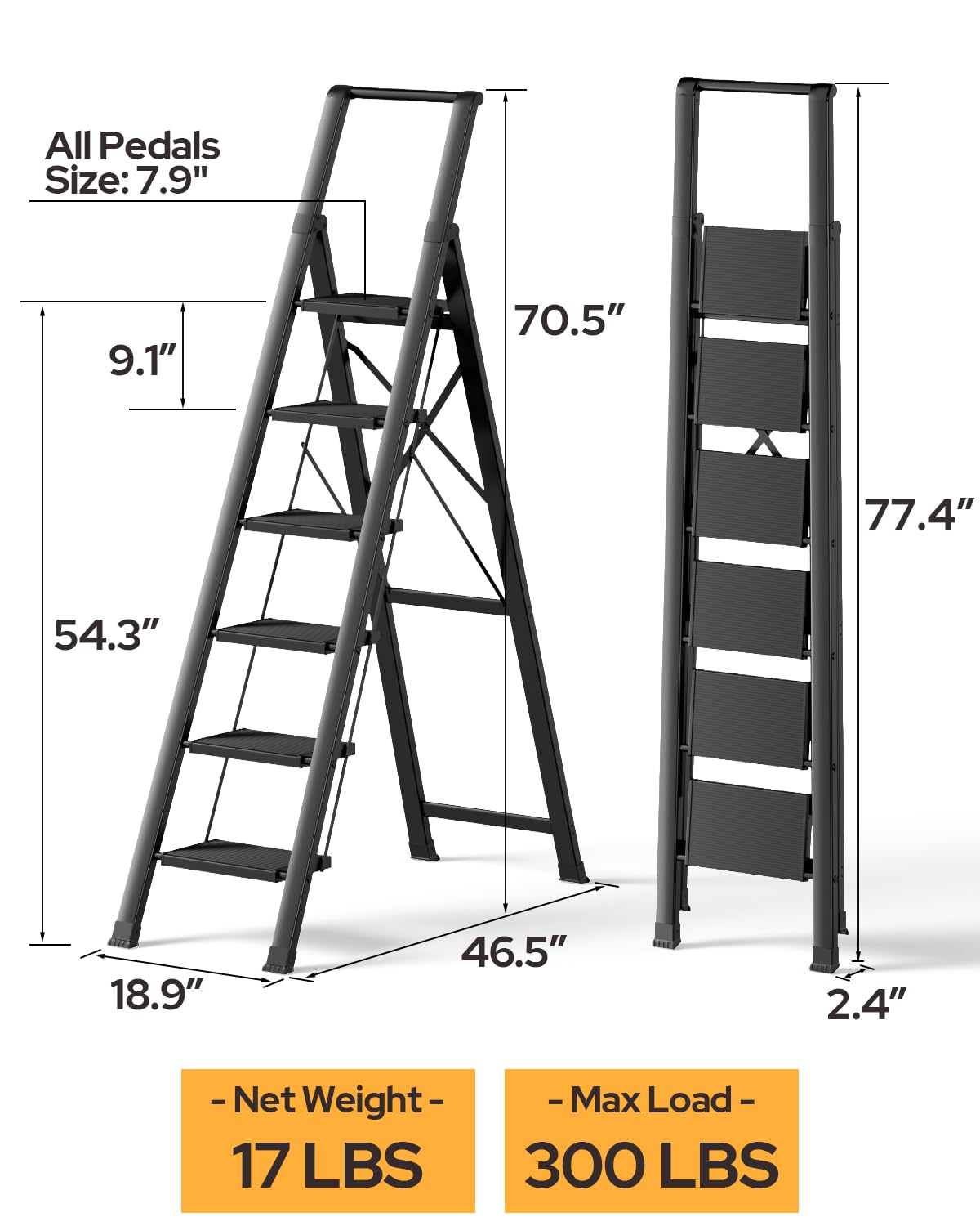 GameGem 6 Step Ladder for 12 Feet High Ceiling, Lightweight Aluminum Folding Step Stool with Convenient Handgrip, Stepladders with Anti-Slip and Wide Pedal for Home Use Space Saving - Black