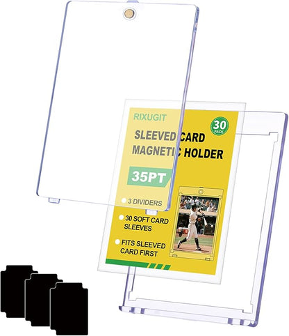 30-Pack Sleeved Card Magnetic Holders - 35pt One Touch Card Holder Includes 30 Soft Soft Card Sleeves Insert Card into Sleeve First Then into Holder Fits Trading Cards Baseball &amp Game Card