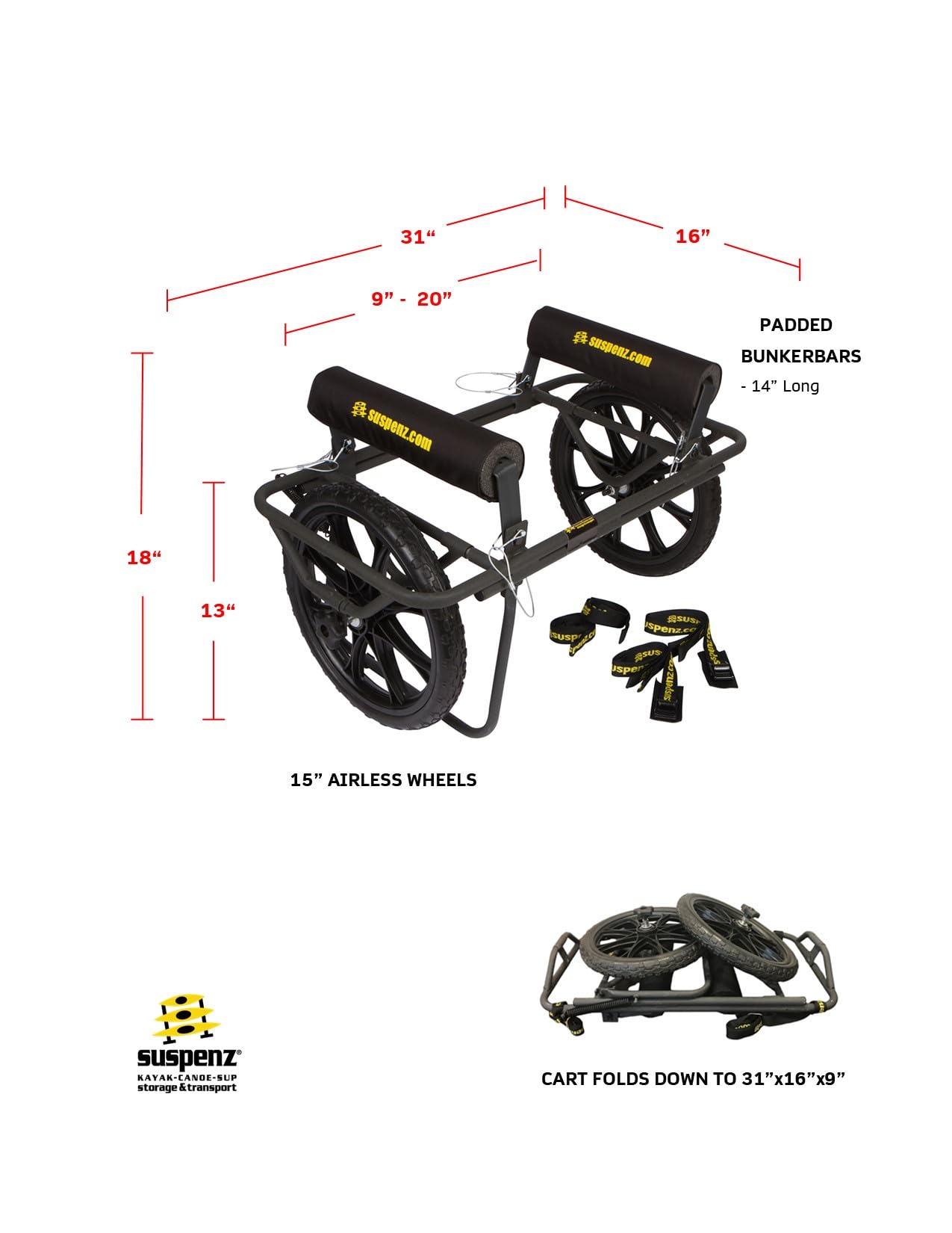 Suspenz Kayak Canoe Transport Cart, All-Terrain Super Duty Trolley Carrier with No-Flat Airless Wheels and Kickstand, 350 lb Load Capacity, Black (22-9908)