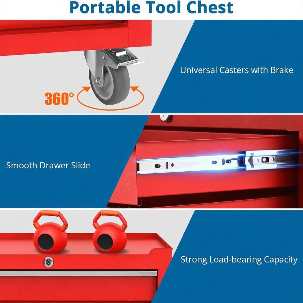 GarveeLife Red Rolling Tool Cabinet, 5-Drawer Tool Storage Cart with Wheels, Portable Tool Chest Organizer with Lock, Drawer Liners, Tool Cart for Garage or Workshop