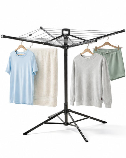 SUPTINWEAR 65FT Umbrella Clothesline, One-Press Foldable Rotary Drying Rack with 4-Leg Stable Base, Indoor Outdoor Clothes Drying Rack with Ground Stakes & 24 Clips