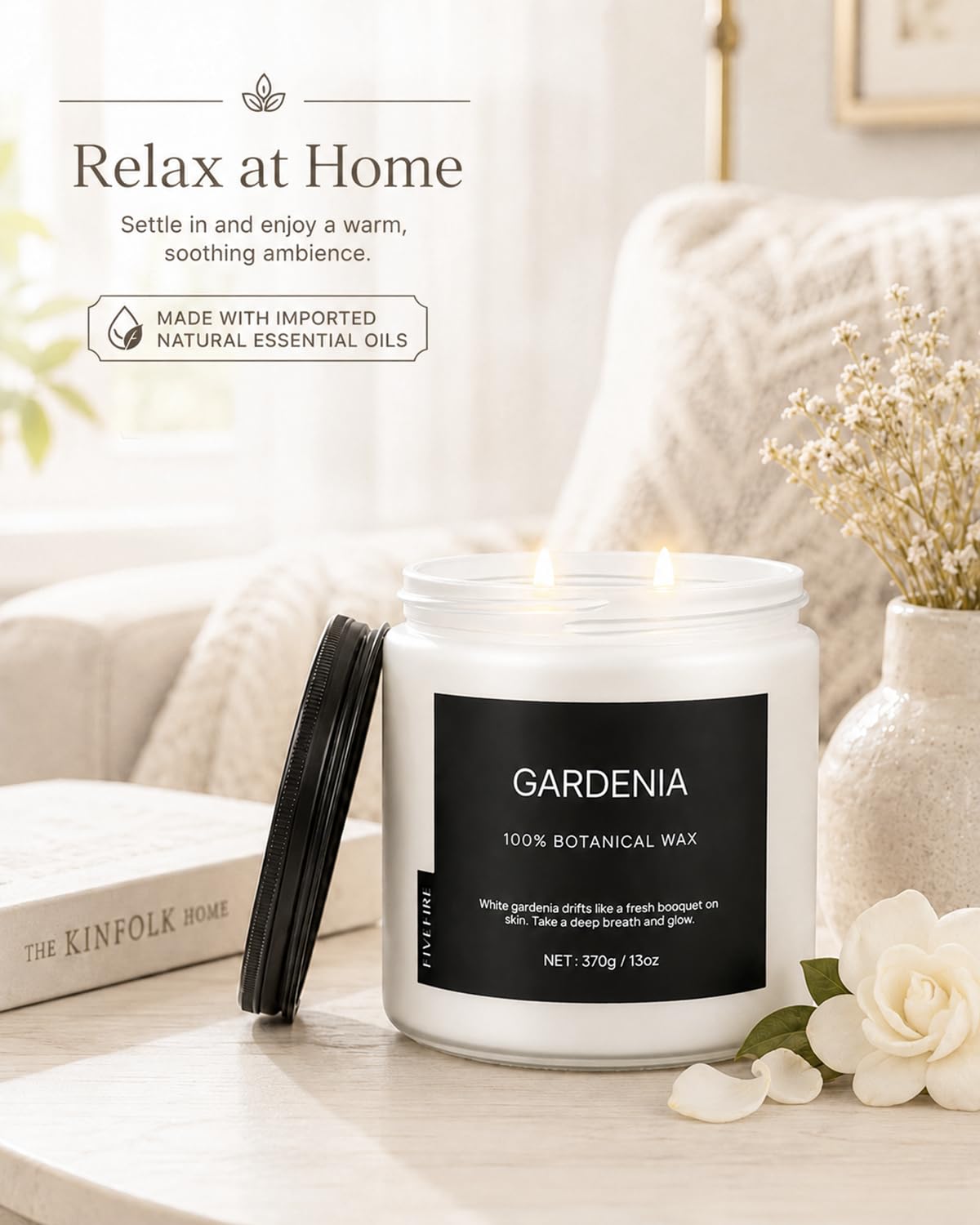 Gardenia Home Scented Candles, 13oz Organic Soy Wax, 76-Hour Clean Burning, Natural Candles Non Toxic, White Floral Scent for Relaxation, Aromatherapy Housewarming Candle for Men Women