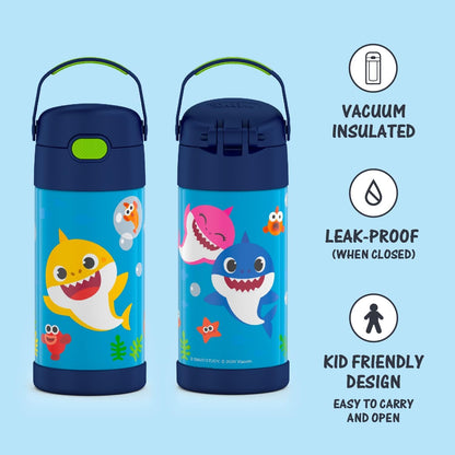 THERMOS FUNTAINER Water Bottle - 12 Ounce Kids Stainless Steel Vacuum Insulated with Straw | Baby Shark Design