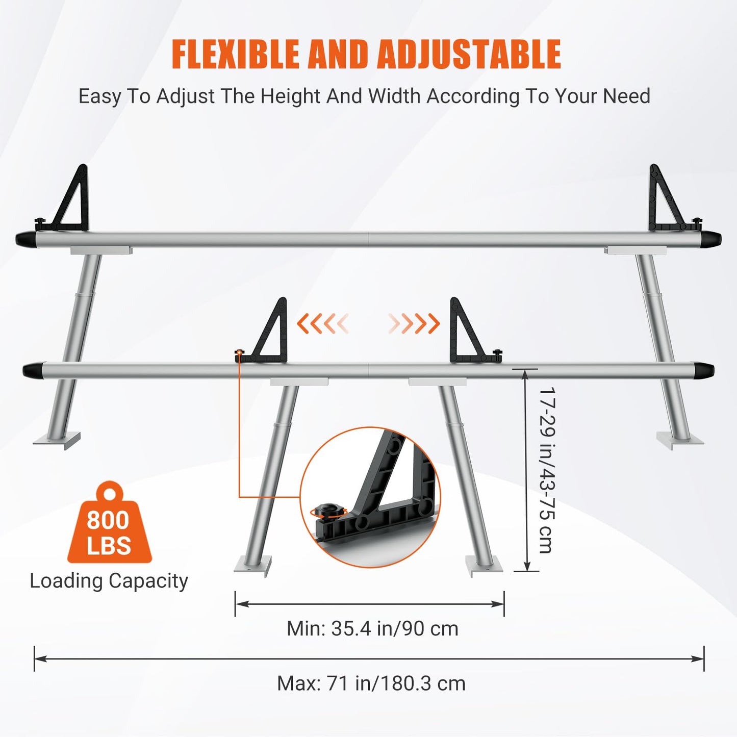 Truck Rack, 17"-29" Aluminum Adjustable Ladder Rack for Trucks, 800 lbs Capacity Heavy Duty Truck Bed Rack with Non-Drilling C-Clamps, Pickup Truck Racks for Kayak, Surfboard, Lumber, Ladder