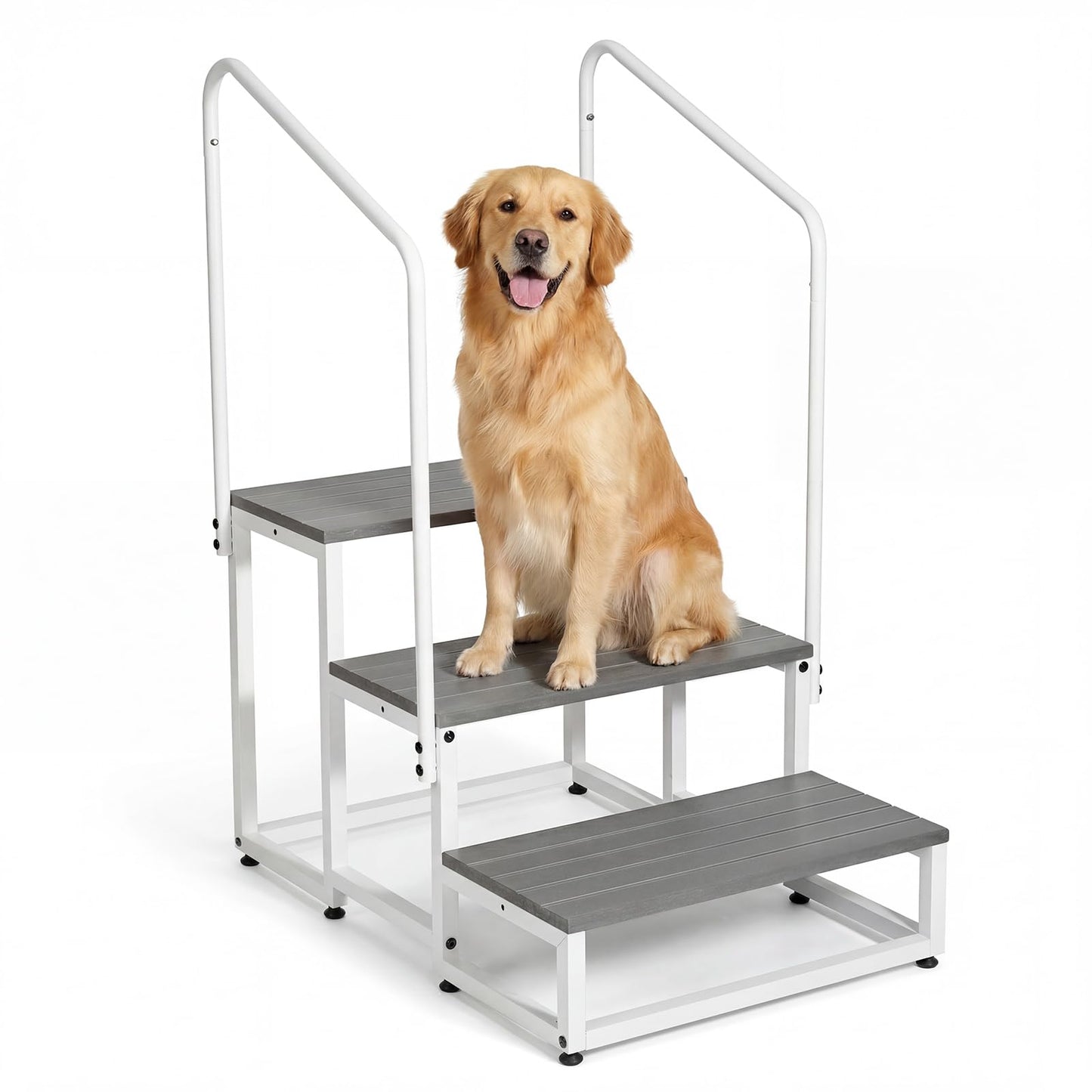 Veehoo RV Steps with Handrail for Dog Outdoor, 3 Steps Dog Hot Tub Step with Handrail for 5th Wheel RVs Camper Trailers, Non Slip Large Dogs Mobile Home Stairs Waterproof for Car Truck, up to 300 lbs