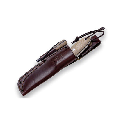 Joker Bushcraft Knife Canadiense CM114-P, Micarta Canvas Brown Handle, 4.13 inches blade of SANDVIK 14C28N, brown leather Sheath and Fire Starter, Tool for fishing, Hunting, camping and hiking