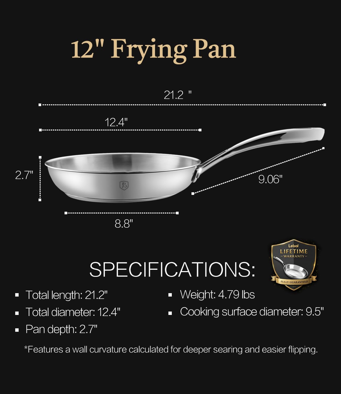 Lebof 12 Inch Stainless Steel Pan, 5-Ply Clad Base 800℉ Safe Stainless Steel Frying Pans for Even Heating, Premium Cookware for Induction, Gas,Electric&Oven