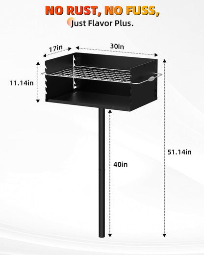 Charcoal Grill, Park Style Charcoal Grill, 30" x 17" Heavy Duty BBQ Grill Charcoal, Adjustable Single Post Barbeque Grill for Camping, Outdoor Cooking, Backyard, Patio, Camp Grilling Barbecues Cookout