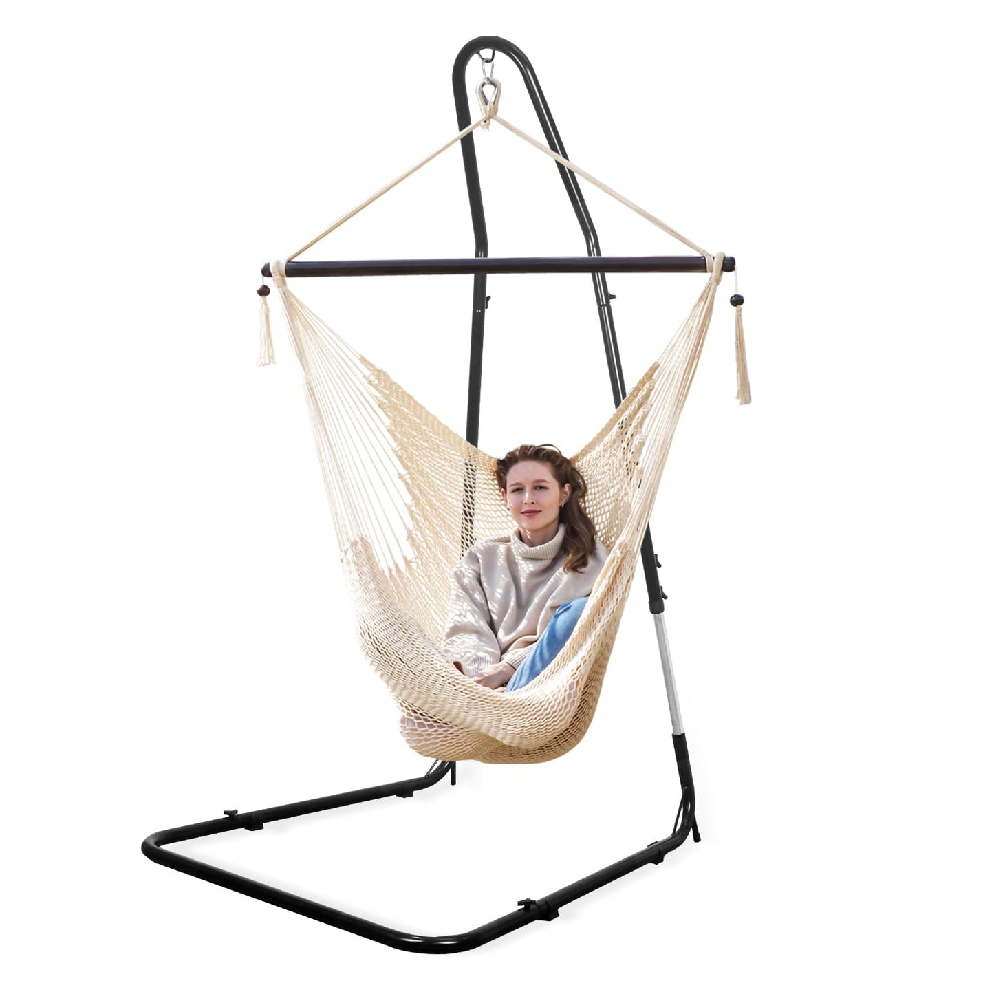 Bathonly Large Hammock Chair with Metal Bar, Caribbean Hammock Swing Chair with Stand, XL Hammock Chair Outdoor Indoor, 330 LBS Weight Capacity