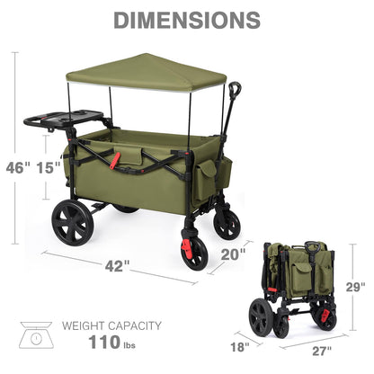 EVER ADVANCED Foldable Wagons for Two Kids & Cargo, Collapsible Folding Wagon Stroller with Adjustable Handle Bar,Removable Canopy with 5-Point Harness,Green