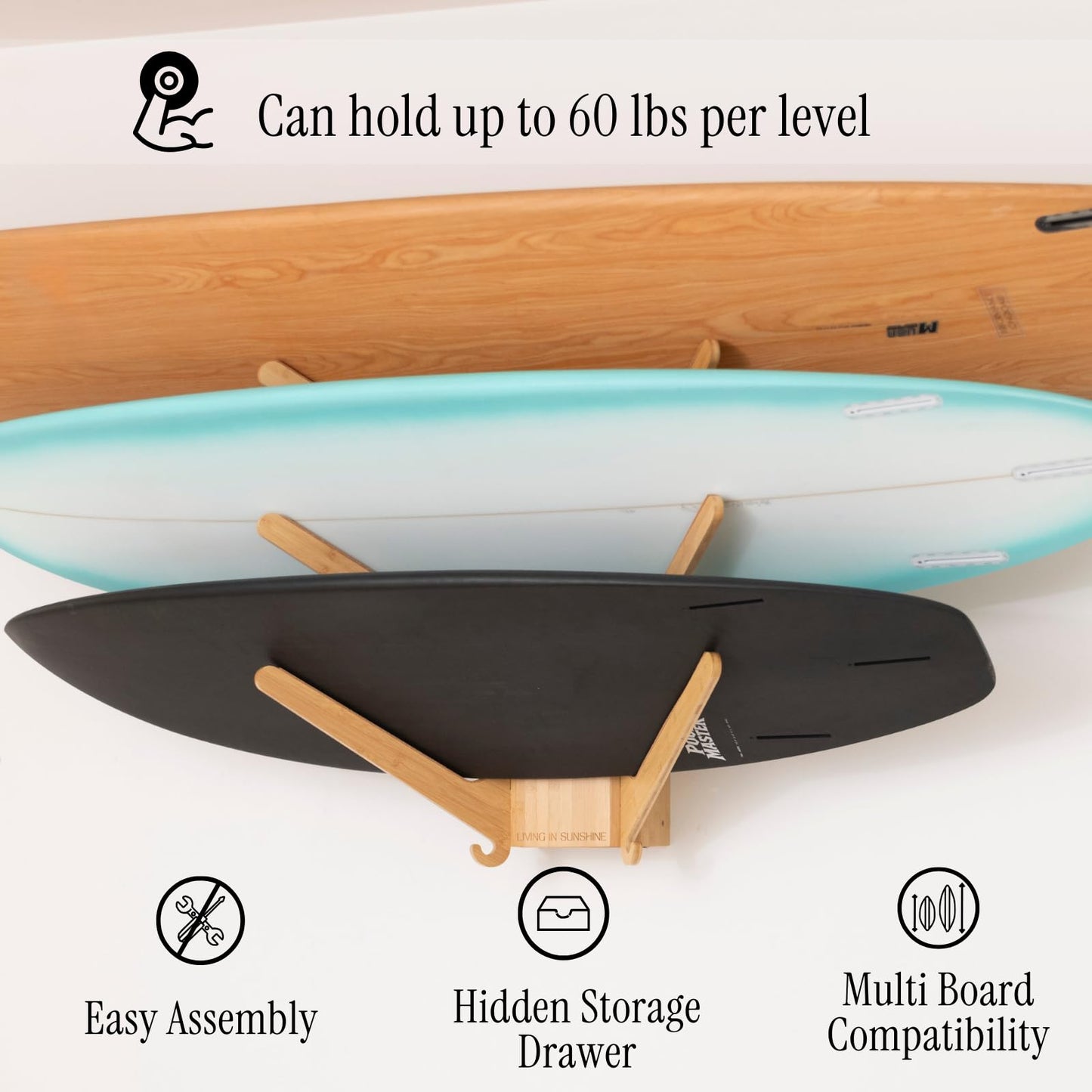 LISS The Sun Rack - Premium Wood Surfboard Wall Mount Rack Display, Ski, Snowboard Holder for 3 Boards for Garage & Home Storage with Built-In Drawer & Hooks for Longboards Shortboards, Wakeboards