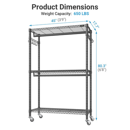 VIPEK R2 Plus Heavy Duty Rolling Garment Rack 3 Tiers Adjustable Wire Shelving Clothes Rack with Double Rods and Side Hooks, Freestanding Wardrobe Storage Rack Metal Clothing Rack, Black