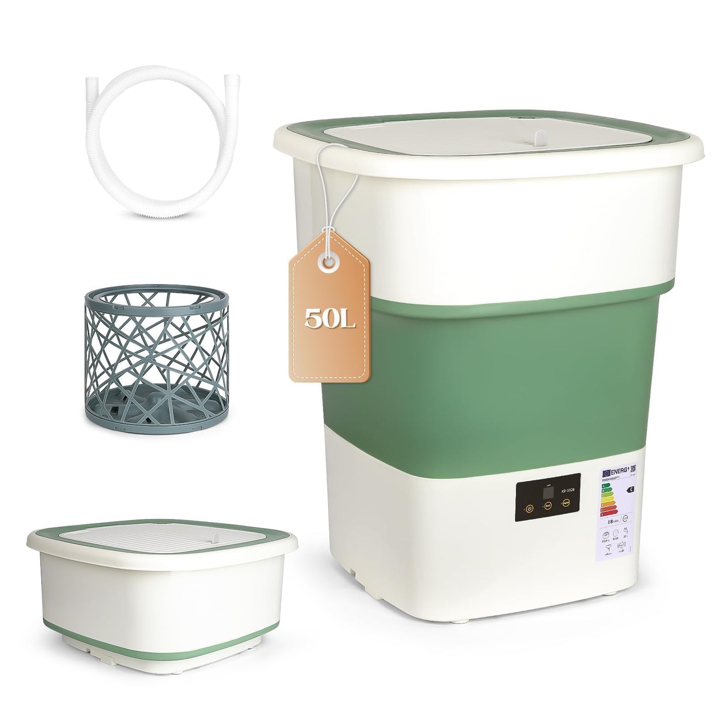 LovHomdecr Portable Washing Machine, 1.8 Cu.Ft Large Capacity Foldable Washer with Spin Basket & 150W Motor, Timer Control for Apartment, RV, Camping & Travel – No Laundry Room Needed (White Green)