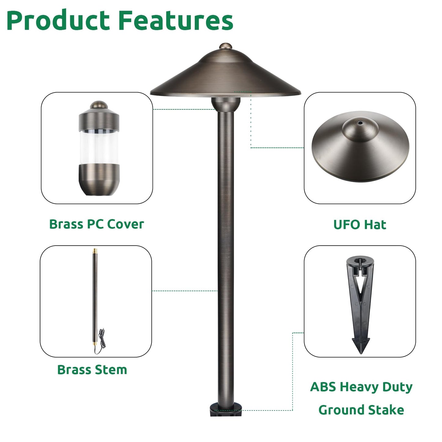 DOSHINE® Solid Brass Low Voltage Landscape Lighting Pathway Lights (9" Shade, 22" Tall) with Replaceable 3W G4 LED Bulb 3000K AC/DC 12V and Ground Stake for Outdoor Walkway Driveway (UFO, 6-Pack)