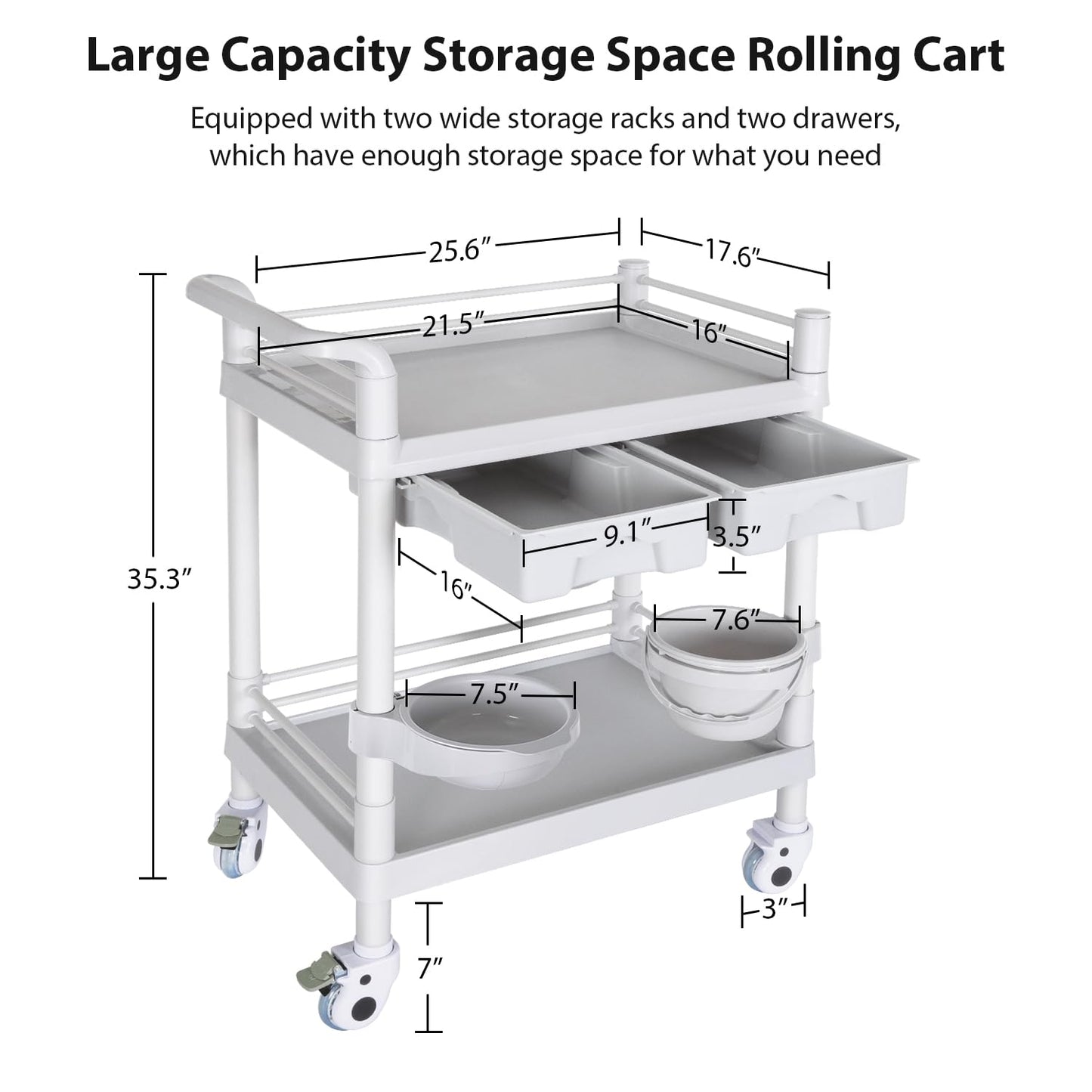 Medical Mobile Trolley Cart 2-Shelf 220 LBS Max Load Rolling Utility Cart Heavy Duty Beauty Salon Storage Cart with Drawers Dirt Buckets Rotate Wheels 2 Brake for Hospital Dental Clinic Home