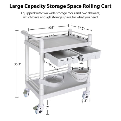 Medical Mobile Trolley Cart 2-Shelf 220 LBS Max Load Rolling Utility Cart Heavy Duty Beauty Salon Storage Cart with Drawers Dirt Buckets Rotate Wheels 2 Brake for Hospital Dental Clinic Home