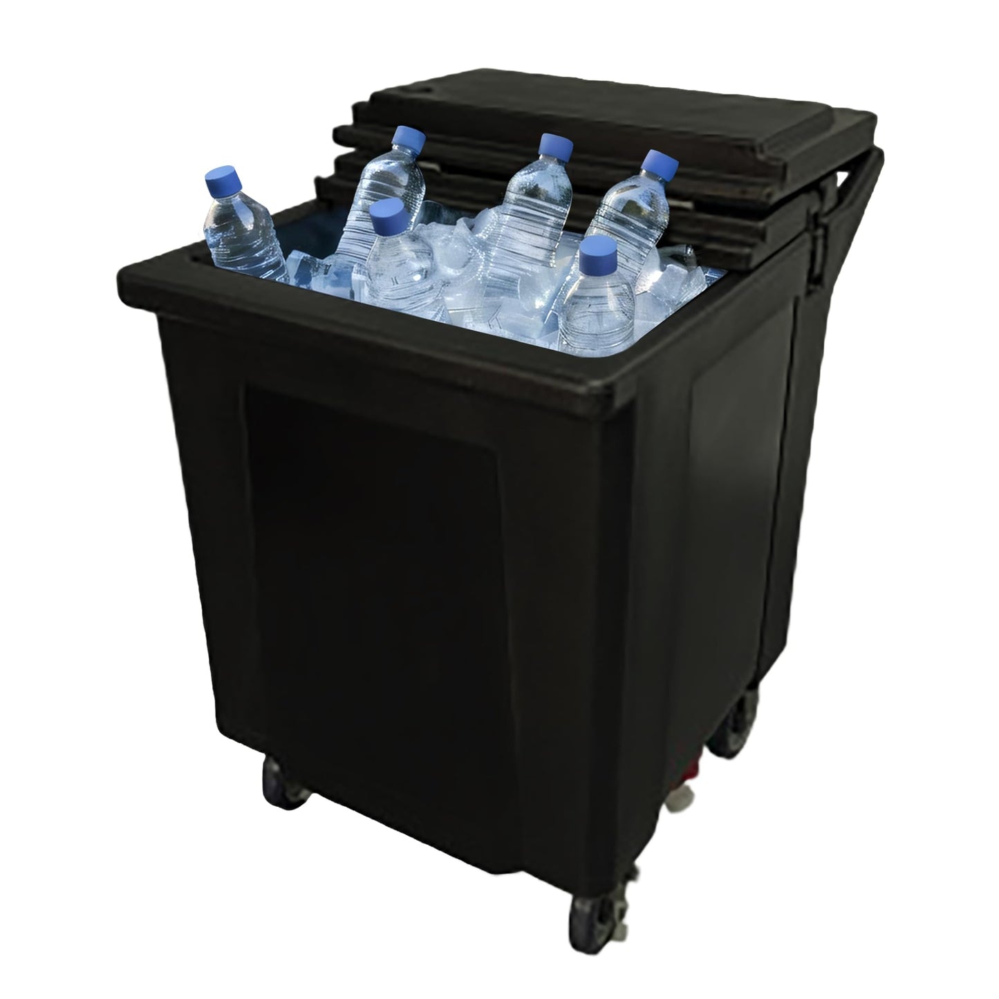 Pearington Tall Ice Caddy, 125 lb Insulated Ice Carrier with Swivel Casters, Commercial Ice Bin with Drain Faucet, Ice Scoop Included, Black