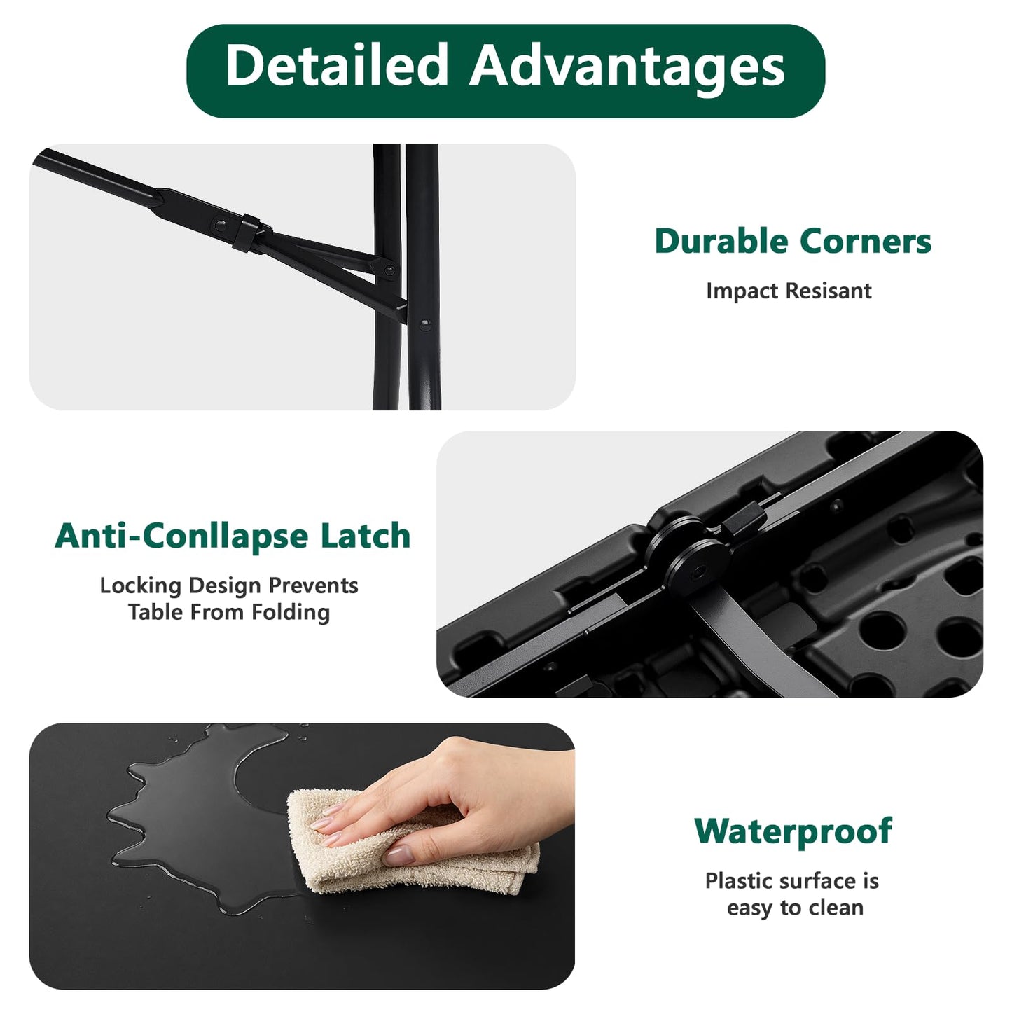 2 Pack Folding Table 6ft - Heavy Duty Plastic Table with Handle, Foldable & Portable, Fold-in-Half Utility Tables for Outdoor, Dining, Wedding, Events, Indoor, Picnic, Camping, Party (Black)
