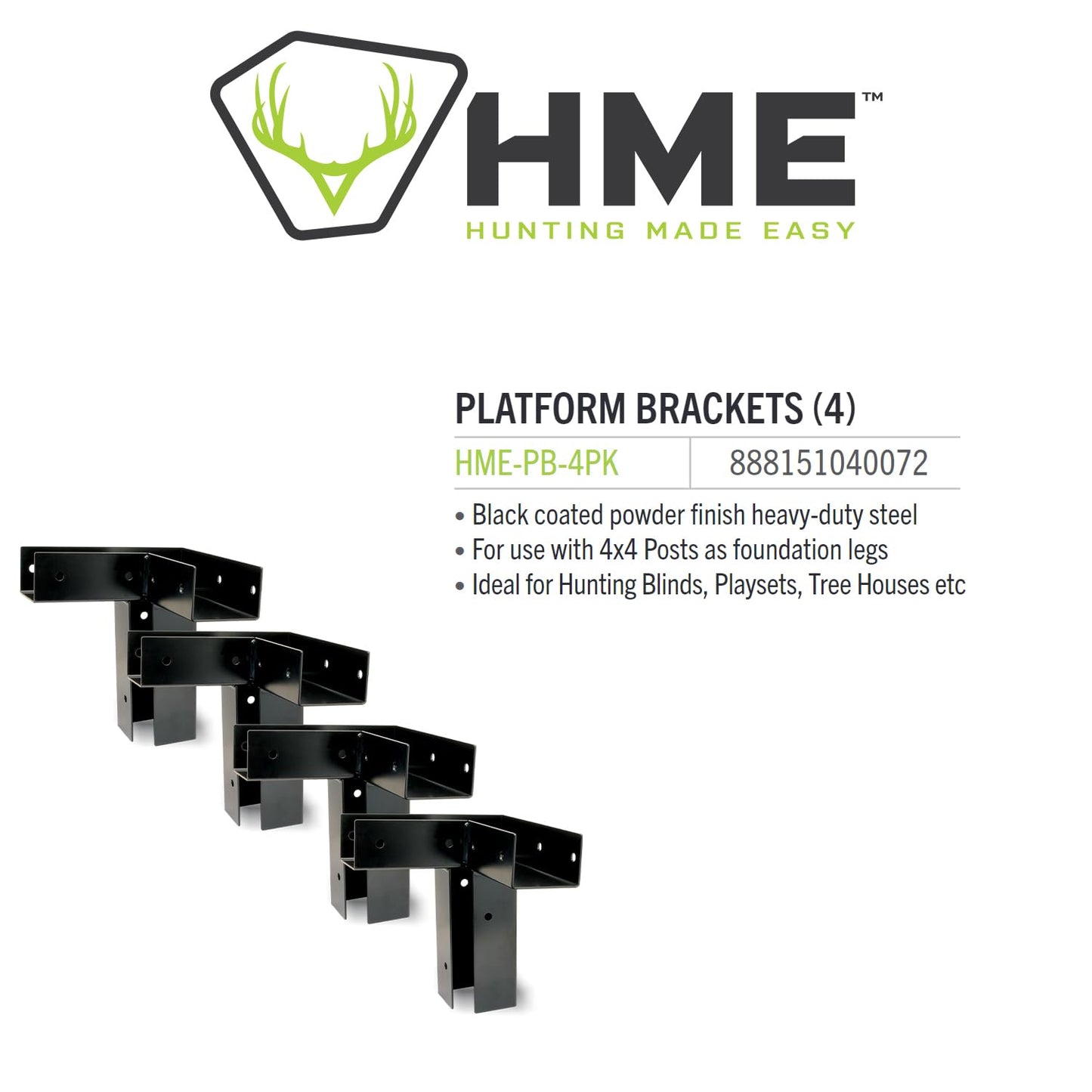 HME 11-Gauge Powder-Coated Steel Durable Ground Blind Platform Bracket 4 Pack - For Use With 4x4 Wooden Beams (Not Included)