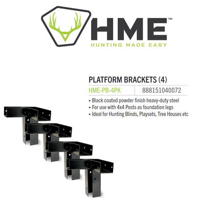 HME 11-Gauge Powder-Coated Steel Durable Ground Blind Platform Bracket 4 Pack - For Use With 4x4 Wooden Beams (Not Included)
