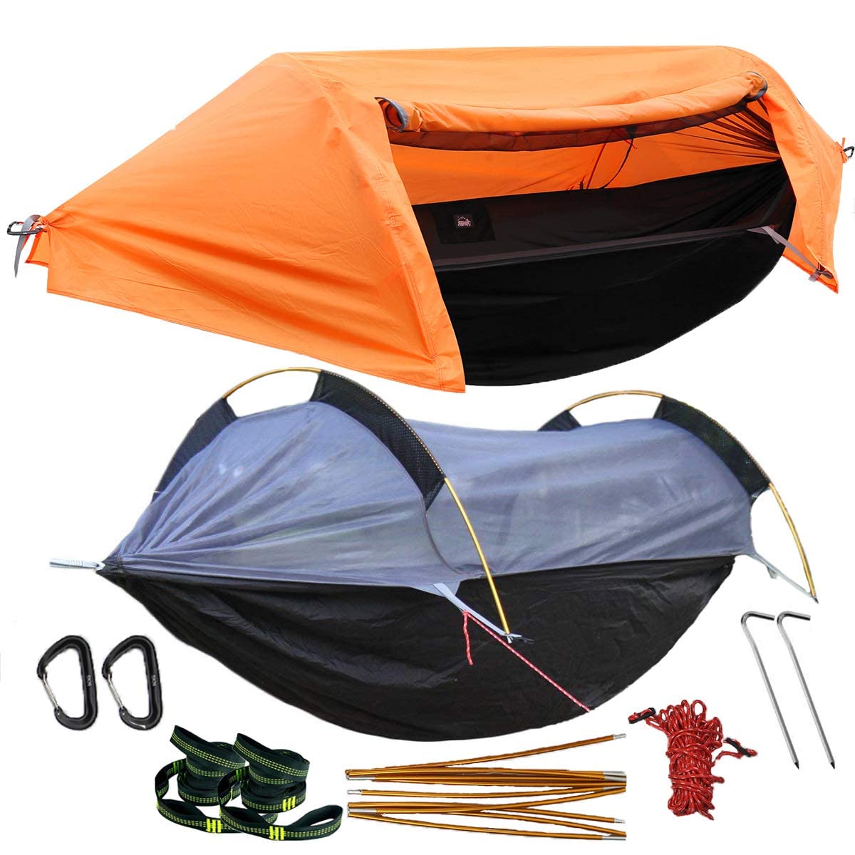 Patent Camping Hammock with Mosquito Net and Rainfly Cover, orange/grey