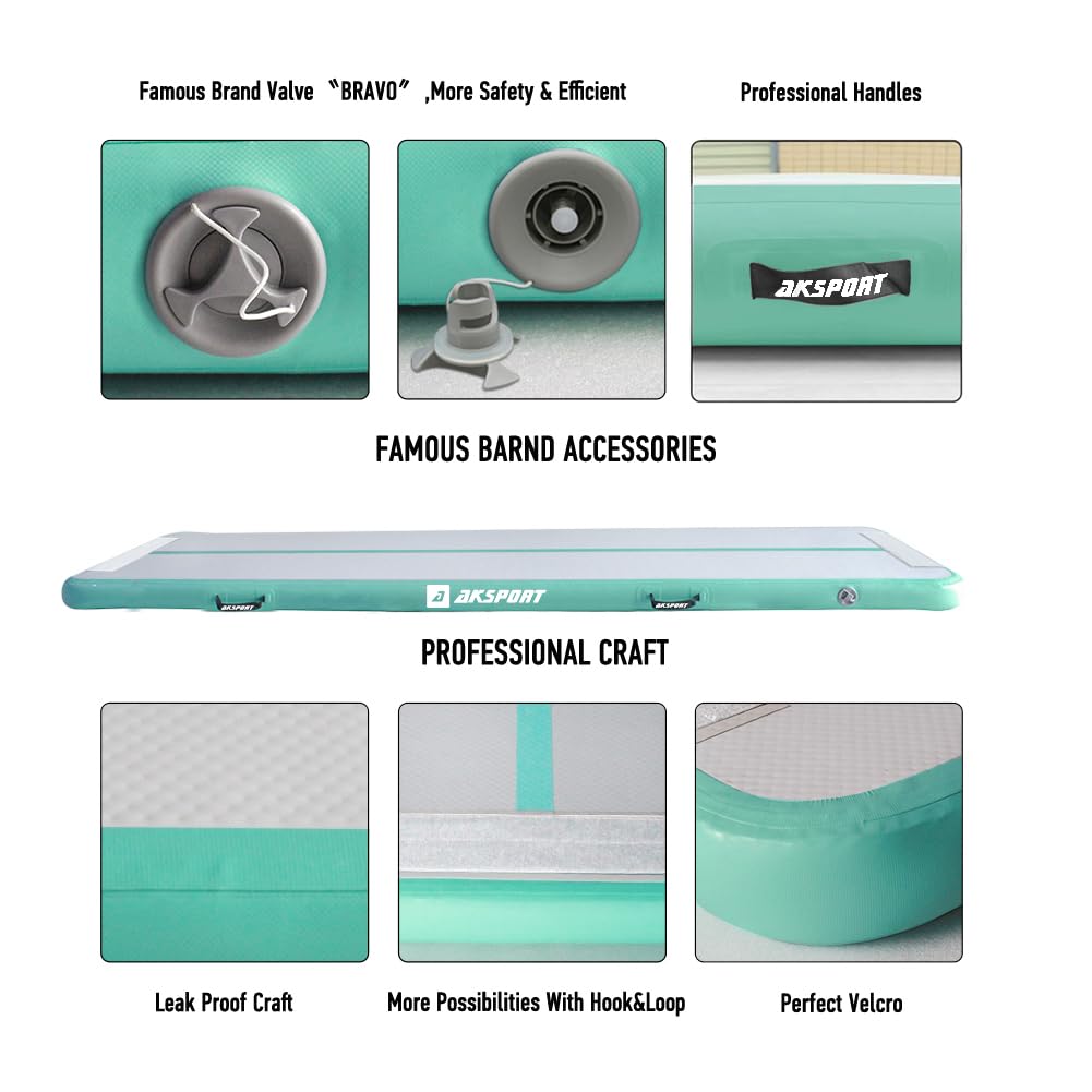 AKSPORT Gymnastics Air Mat Tumble Track Tumbling Mat Inflatable Floor Mats with Air Pump for Home Use/Tumble/Gym/Training/Cheerleading/Parkour/Beach/Park/Water(Mint Green, 9.84ft)
