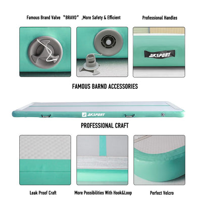 AKSPORT Gymnastics Air Mat Tumble Track Tumbling Mat Inflatable Floor Mats with Air Pump for Home Use/Tumble/Gym/Training/Cheerleading/Parkour/Beach/Park/Water(Mint Green, 9.84ft)