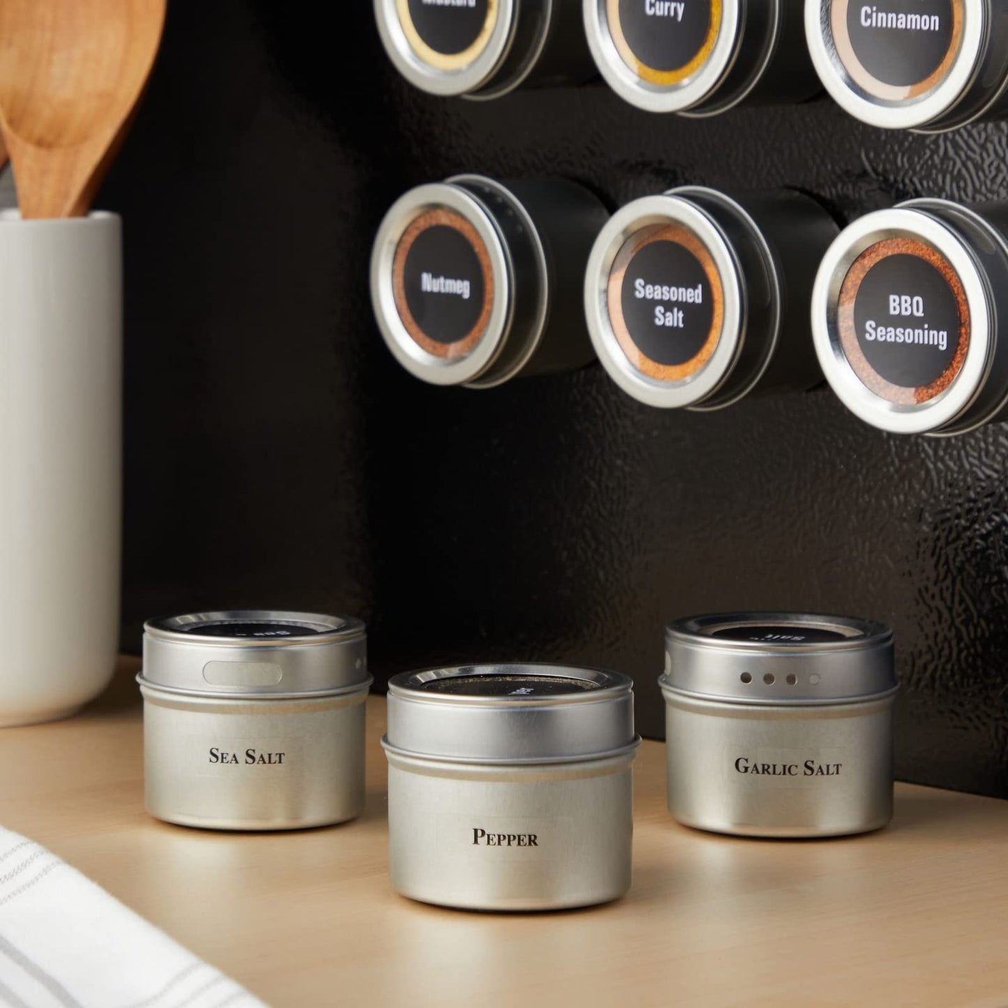 Talented Kitchen Silver Magnetic Spice Jars for Refrigerator (3 oz) - Stainless Steel 12 Spice Containers with Sift & Pour Lids (269 Preprinted Labels and 2 Label Styles)