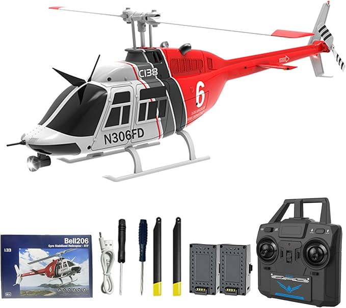 C138 Remote Control Helicopter 1:33 Scale Bell206 Helicopter 2.4G 4CH RTF Single Propeller Aileron Free Six-axis Gyroscope Modular Battery One-Touch Function Gift for Adults 2 Batteries