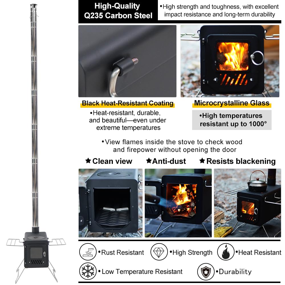 Soomloom Firewood Stove PROTO Heat-Resistant Paint Camping Pellets Combi Carbon Steel Compact Tent Cooking Barbecue BBQ Campfire Chimney Portable Camp Outdoor Heating Hybrid Stove