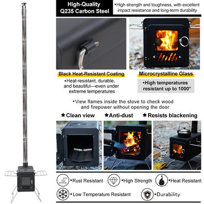 Soomloom Firewood Stove PROTO Heat-Resistant Paint Camping Pellets Combi Carbon Steel Compact Tent Cooking Barbecue BBQ Campfire Chimney Portable Camp Outdoor Heating Hybrid Stove