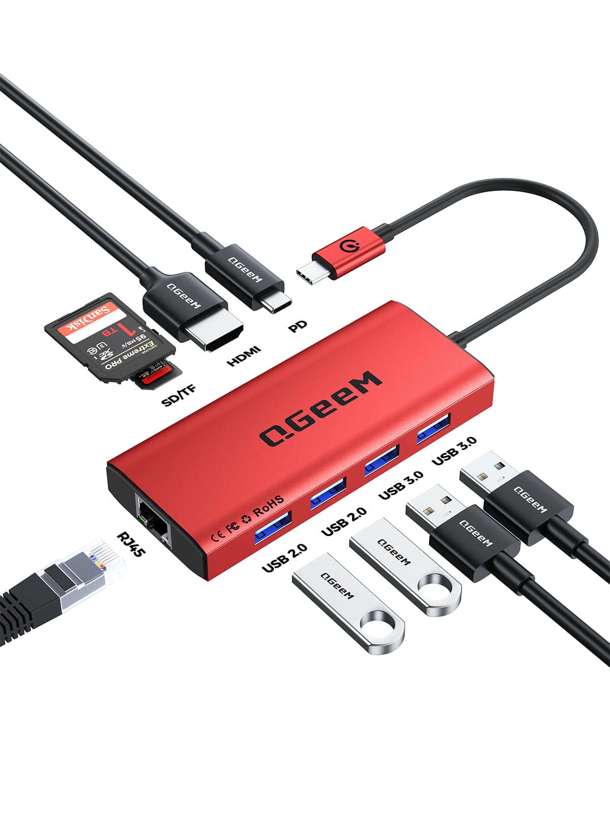 QGeeM USB C Hub Ethernet,9 in 1 USB Type C Hub HDMI Multi-Port Converter Adapter,100W Pd, USB 3.0,SD/TF Card Reader,Compatible for MacBook Pro Air Ipad HP Dell Lenovo Chromebook etc.