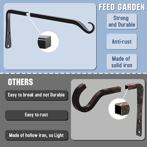 Feed Garden 12-Inch Hanging Plant Bracket - Decorative Wall Hooks for Outdoor Planters & Bird Feeders | Black (2-Pack)