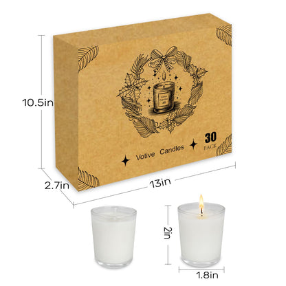 30 Pack Clear Glass Filled White Votive Candles, Unscented Votive Candles for Home Décor Spa Weddings Birthdays Holidays Party
