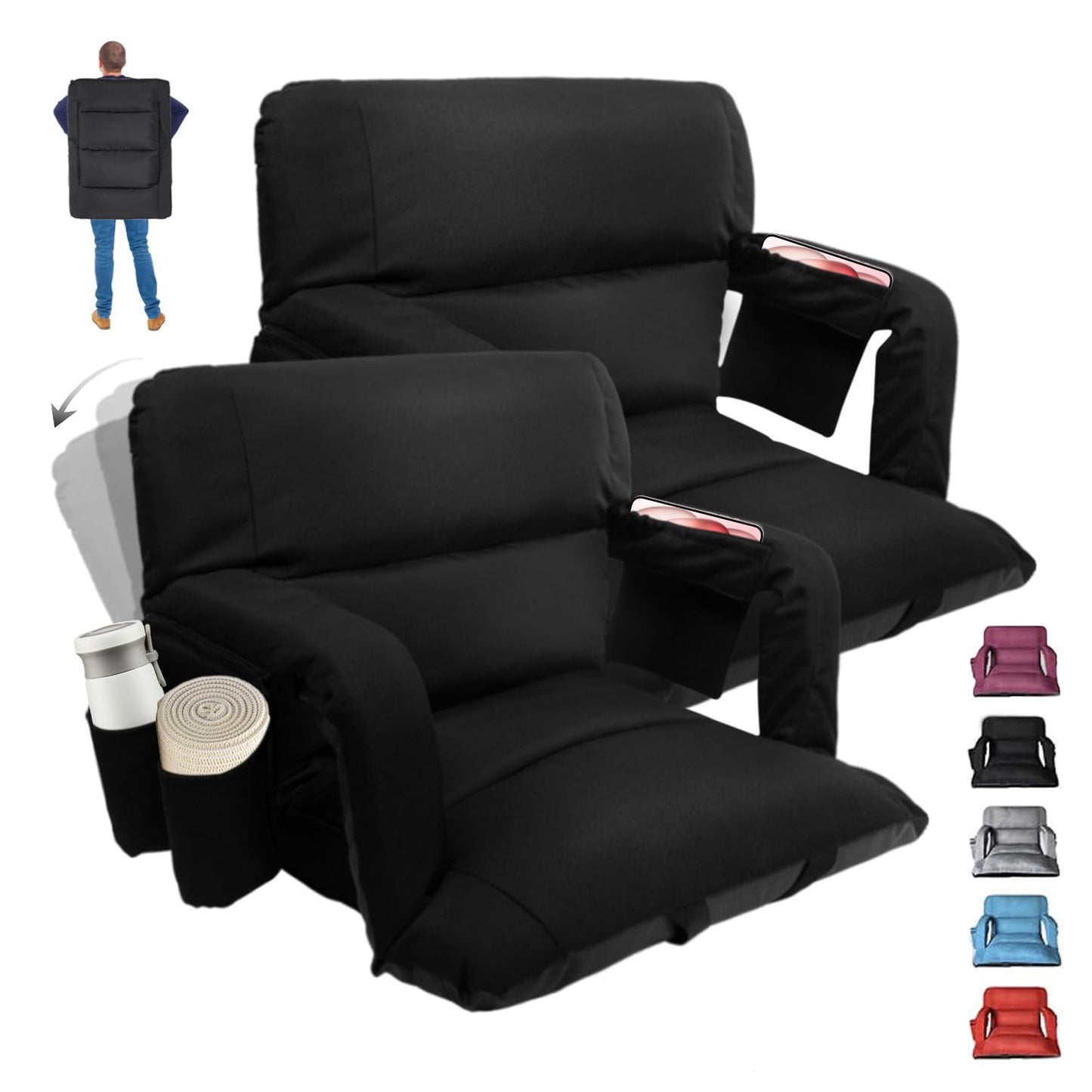Aventorixis Extra Wide Stadium Seats with Back Support – 2 Pack Sofa-Style Bleacher Chairs, Thick Cushions, 6 Reclining Positions(Black-2 Pack,Wide|25")